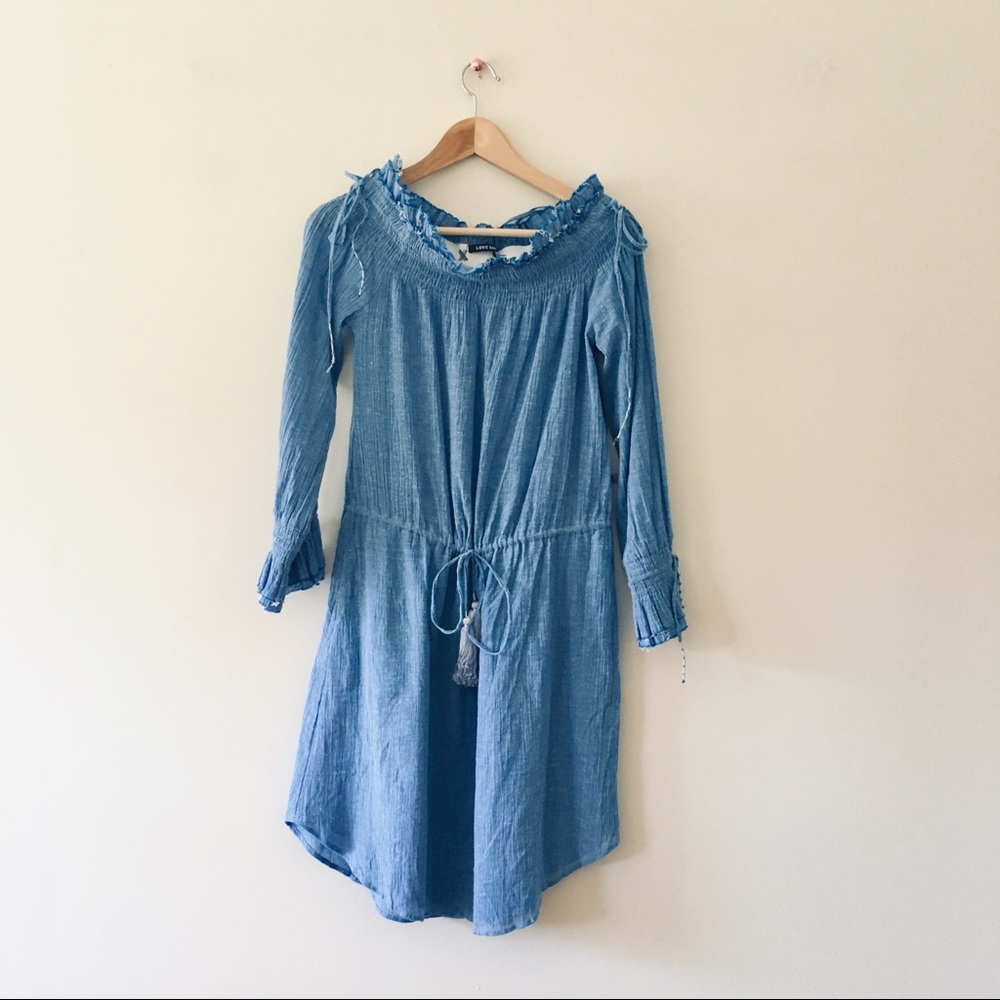 Love Sam dress Chambray Blue Off Shoulder long sleeve Medium